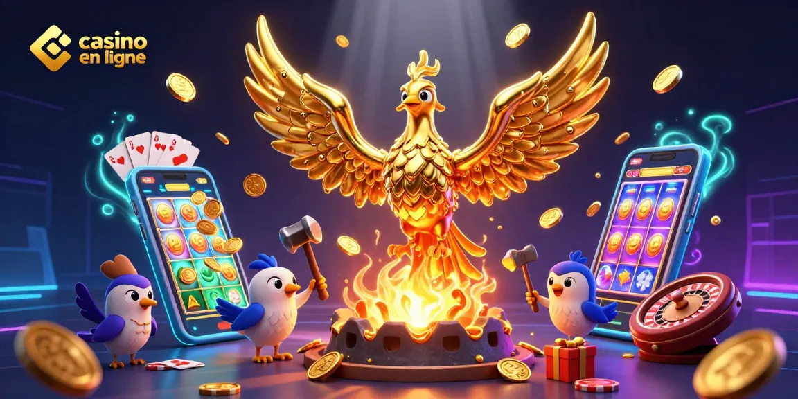 Des jeux passionnants de casino en ligne avec une illustration 3D captivante d'un phénix doré et des éléments interactifs.