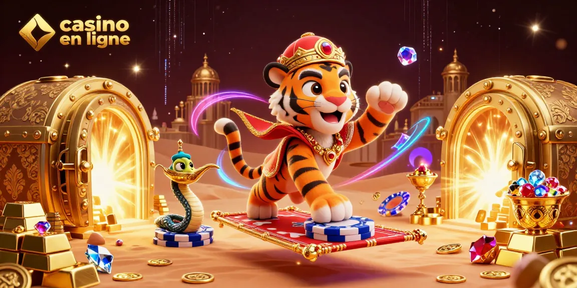 Jouez dans un casino en ligne aux côtés d'un sultan tigre sur un tapis volant rempli de jetons.