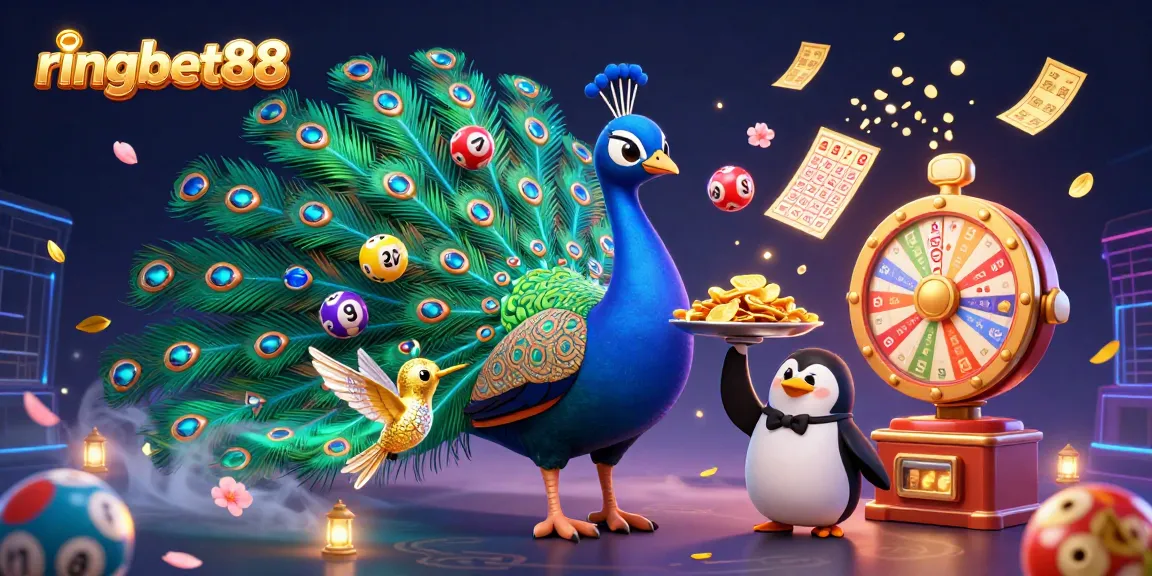 Engaging scene showcasing ringbet88 with a peacock, butler penguin, and hummingbird amid thrilling lottery elements.