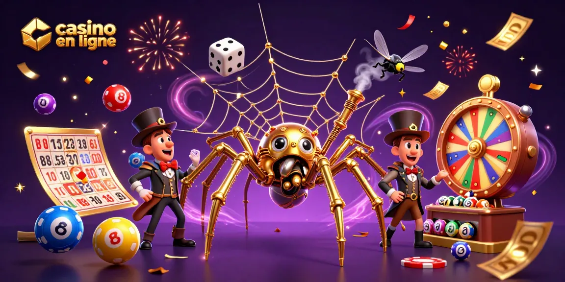 Jouez à casino en ligne avec une scène animée de loterie et une araignée dorée captivante.