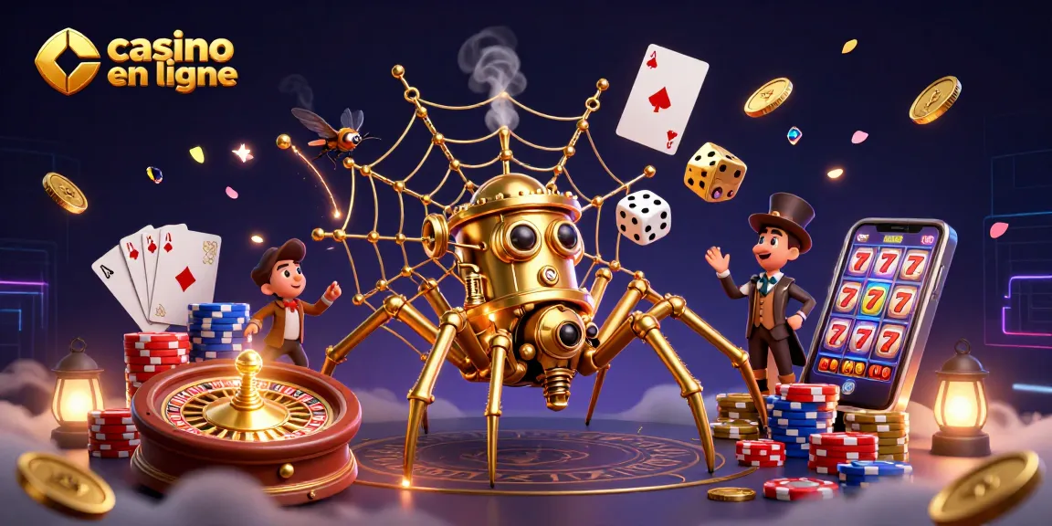 Jouer au casino en ligne avec une araignée steampunk dorée et un homme victorien capturant des dés perdants.