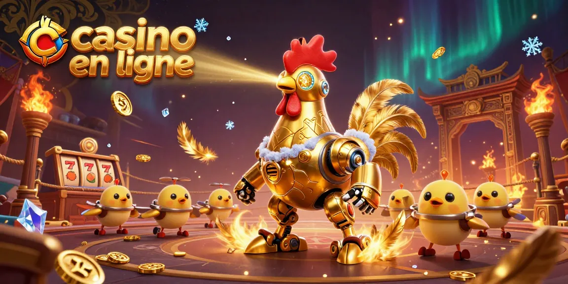 Illustration dynamique représentant un robot coq doré et ses drones dans un casino en ligne, entourés de jetons et de feu.