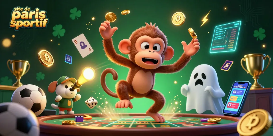 Illustration dynamique représentant un site de paris sportif, avec un singe poltergeist et un chiot chasseur de fantômes dans un casino hanté.