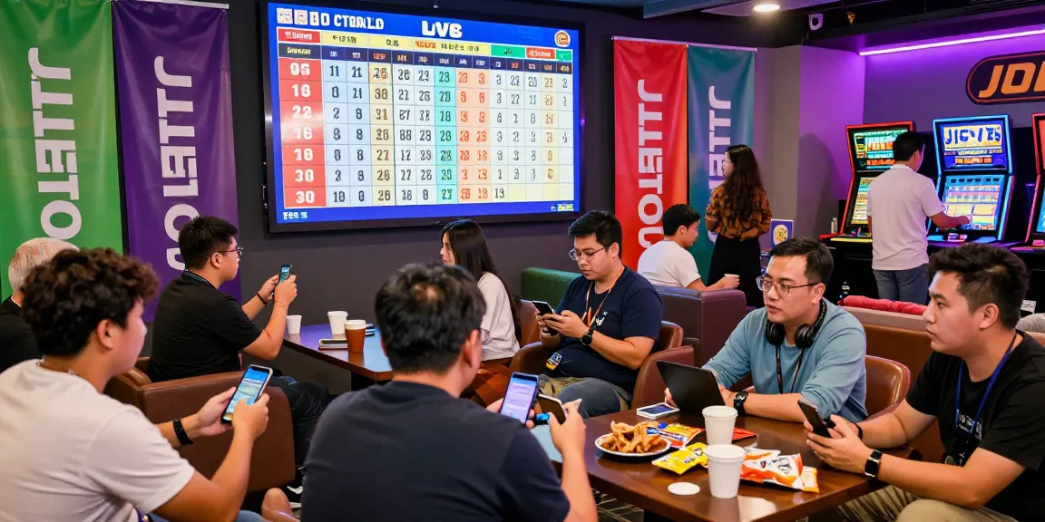 Players excitedly watching JNETOTO's live draw lottery, digital screens displaying results.