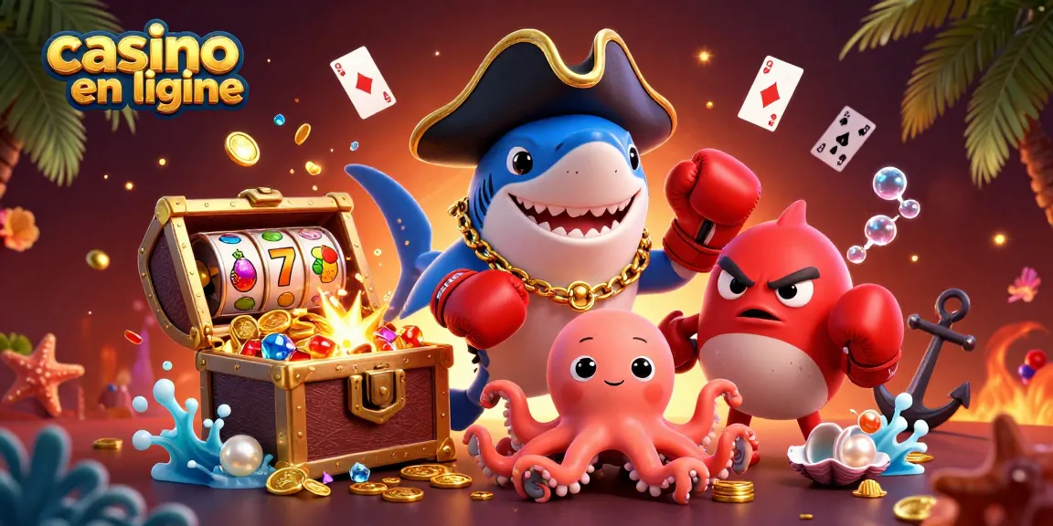 Illustration dynamique d'un casino en ligne avec un requin pirate, un poisson-globe et une pieuvre, plein de pièces d'or.