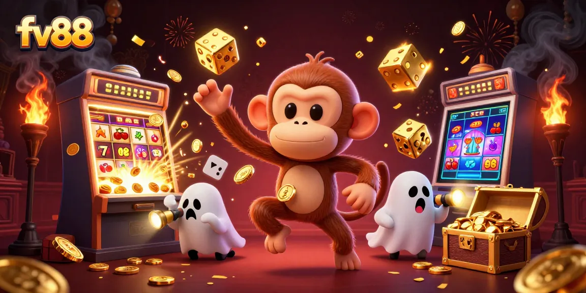 fv88 gaming thrill with poltergeist monkey and ghost-hunter puppy amidst jackpot explosion