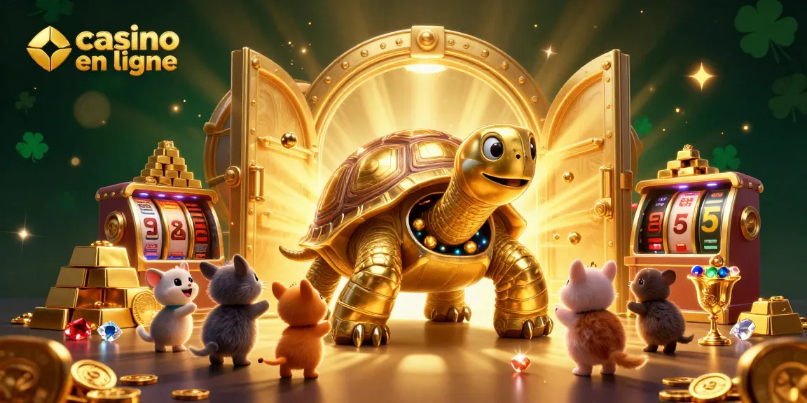 Venez découvrir l'univers du casino en ligne avec une illustration captivante de machines à sous et trésors.
