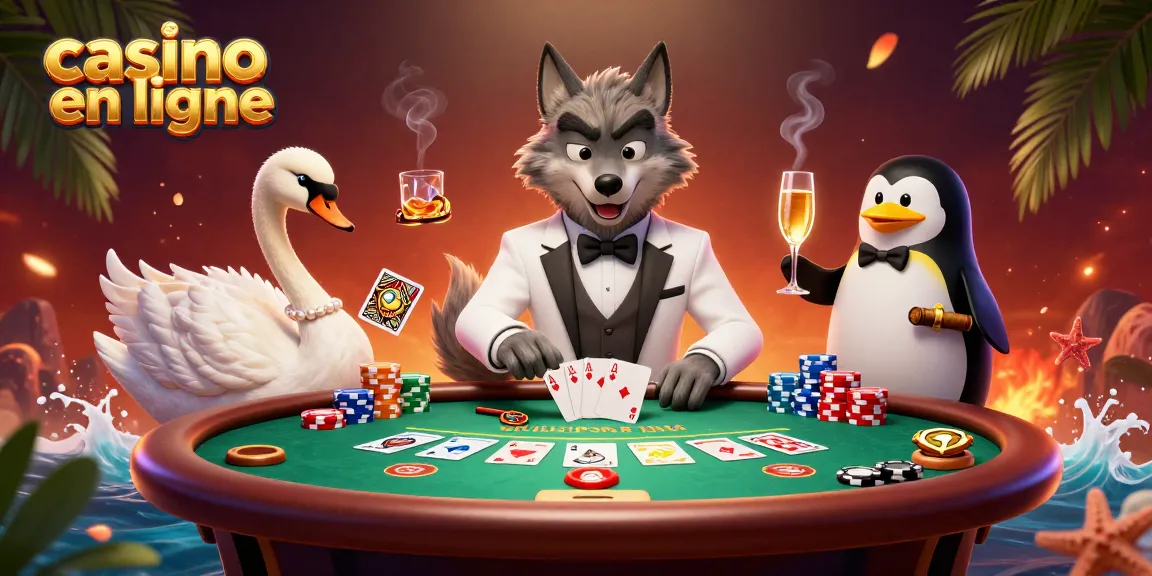 Illustration animée de casino en ligne avec un loup sophistiqué, un cygne élégant, et un pingouin sommelier.