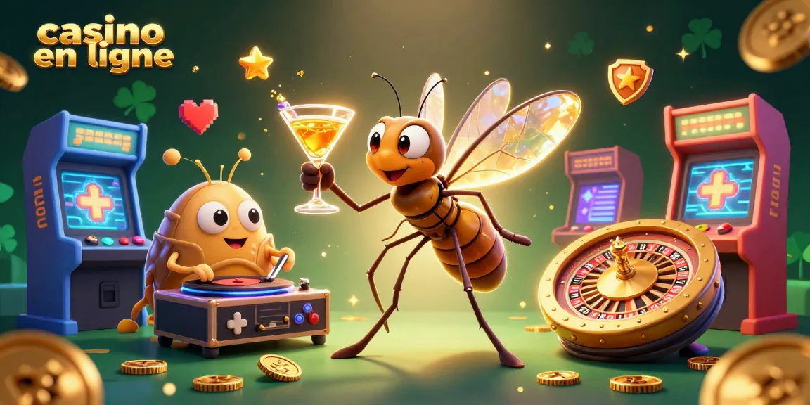 Jouer au casino en ligne avec une mascotte amusante et des machines à sous colorées autour.