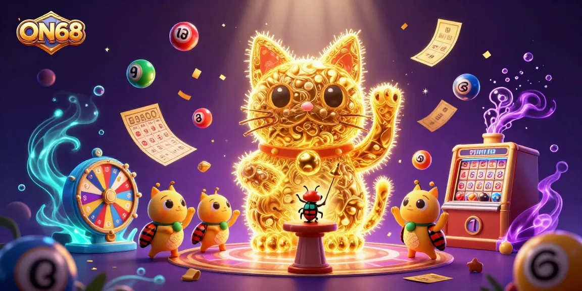 ON68 lucky cat illustration with vibrant casino symbols, showcasing exciting gaming elements.