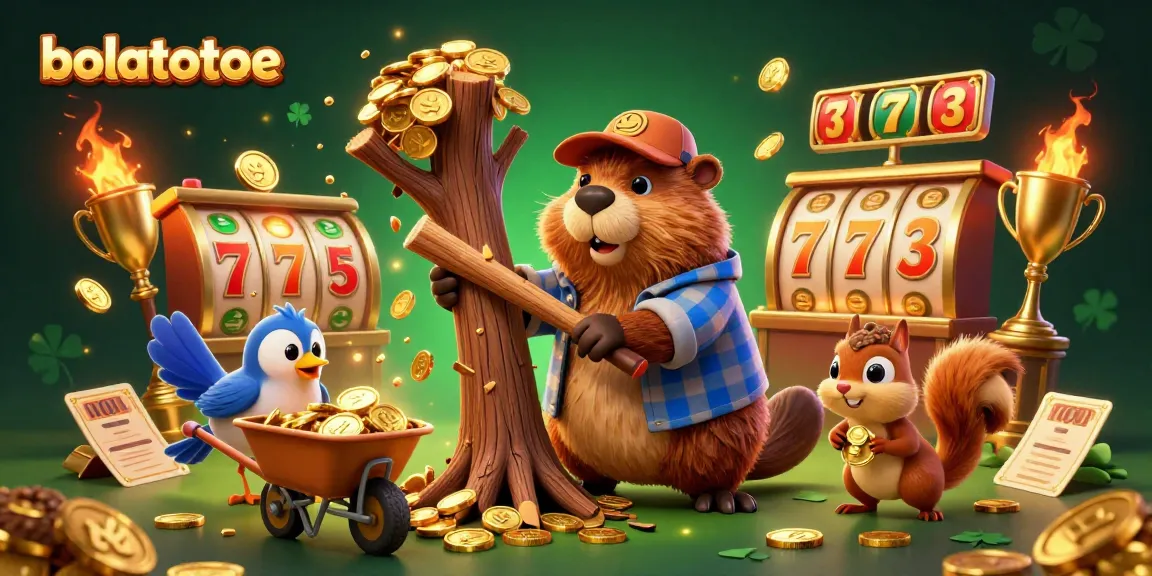 Experience the fun of bolatotoe with cartoon characters and slot reels in a vibrant casino setting.