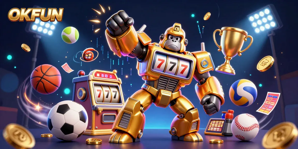 Engage in thrilling gameplay at OKFUN with a dynamic scene featuring a golden gorilla mech, sports balls, and betting elements.