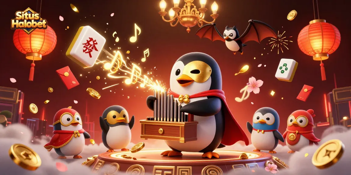 Situs Halobet menampilkan penguin opera 3D yang memainkan organ sambil menghasilkan koin emas dalam suasana berbuih.
