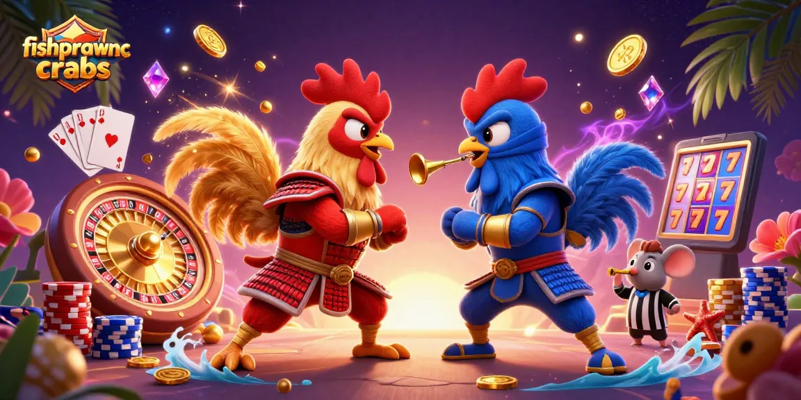 fishprawncrabs roosters in a dramatic standoff amidst sparkling casino elements.