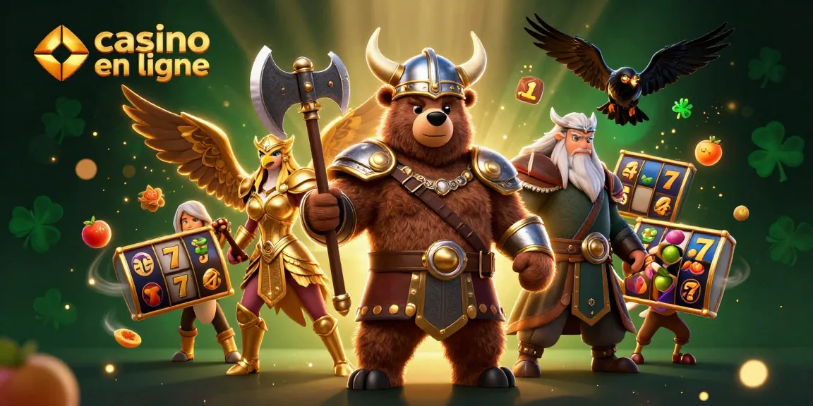Célébrez le monde des jeux avec casino en ligne, illustré par un ours viking et des machines à sous.