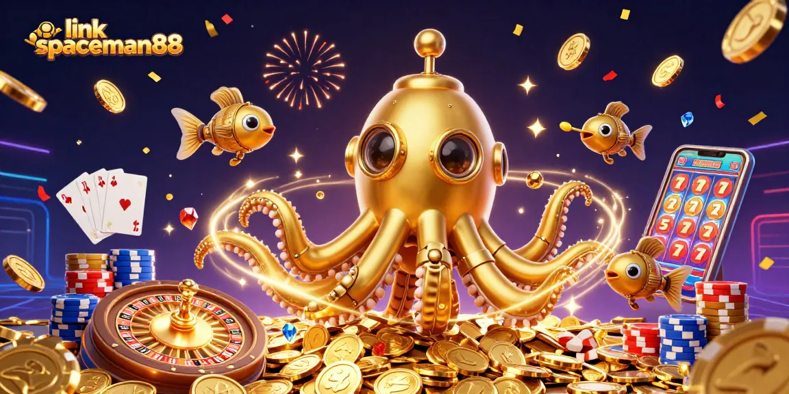 Join the excitement at link spaceman88 with a vibrant illustration of a golden kraken submarine amidst cascading coins and thrilling game elements.
