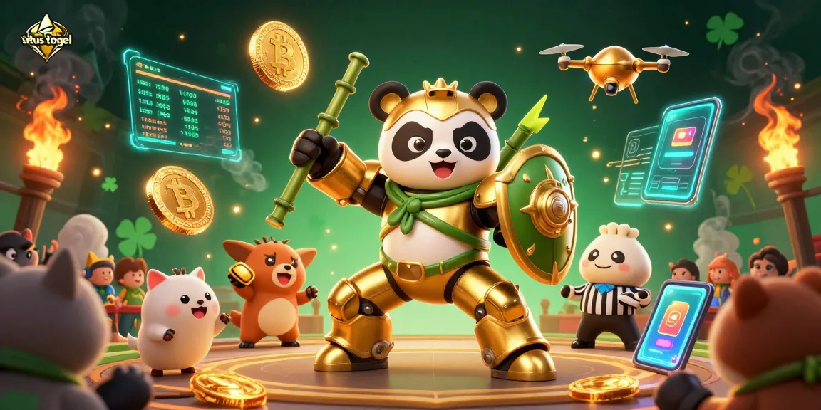 Experience thrill in situs togel with a mech-suit panda and digital elements showcasing excitement.