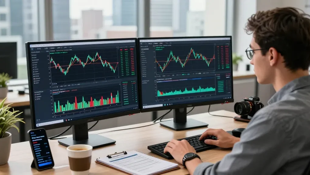 Dynamic mt4 trading workspace with forex charts and trader focused.