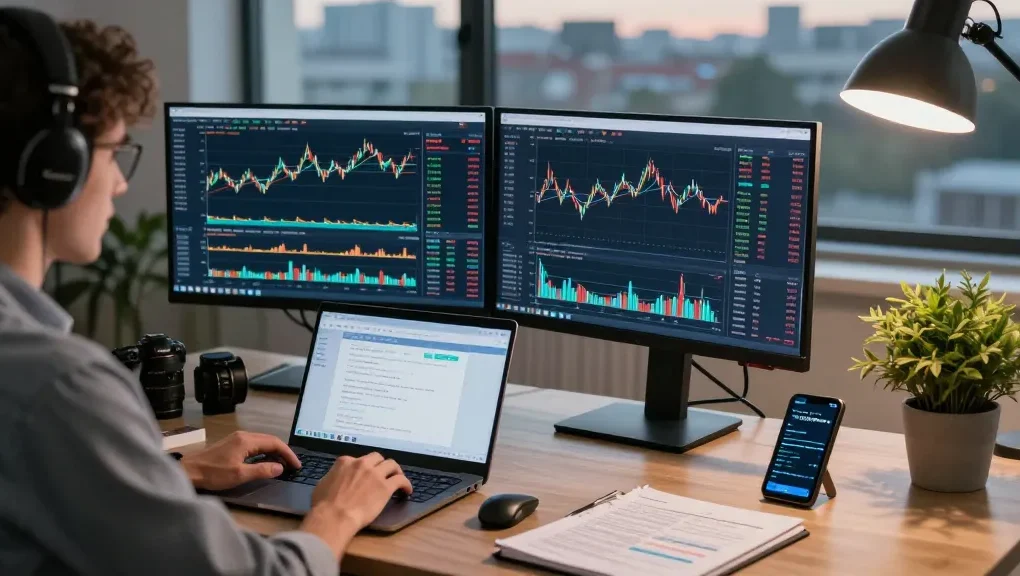 Trader analyzing MT5 trading data on dual monitors in a modern office setting.