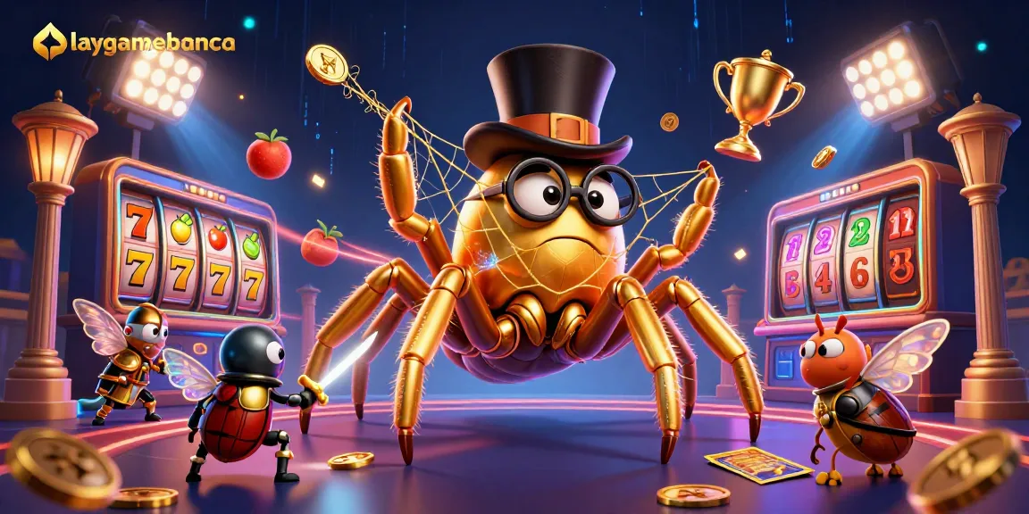Engage in thrilling casino action with playgamebanca's imaginative character scene featuring a golden tarantula.