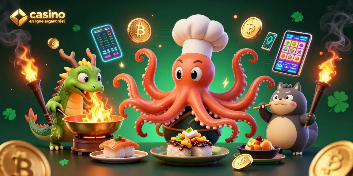 Visitez casino en ligne argent réel avec un chef sushi en 3D, un dragon et un tanuki dans une scène riche et dynamique.