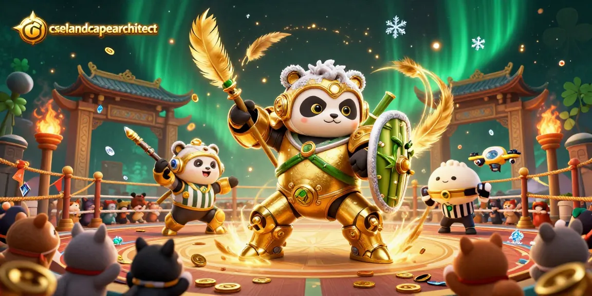 Cselandscapearchitect showcases a vibrant, action-packed casino illustration featuring a mech-suit panda and dynamic game elements.