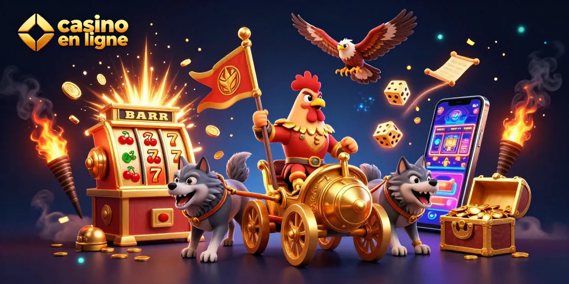 Illustration vibrante représentant un casino en ligne avec des éléments de jeu captivants et un coq guerrier en 3D.