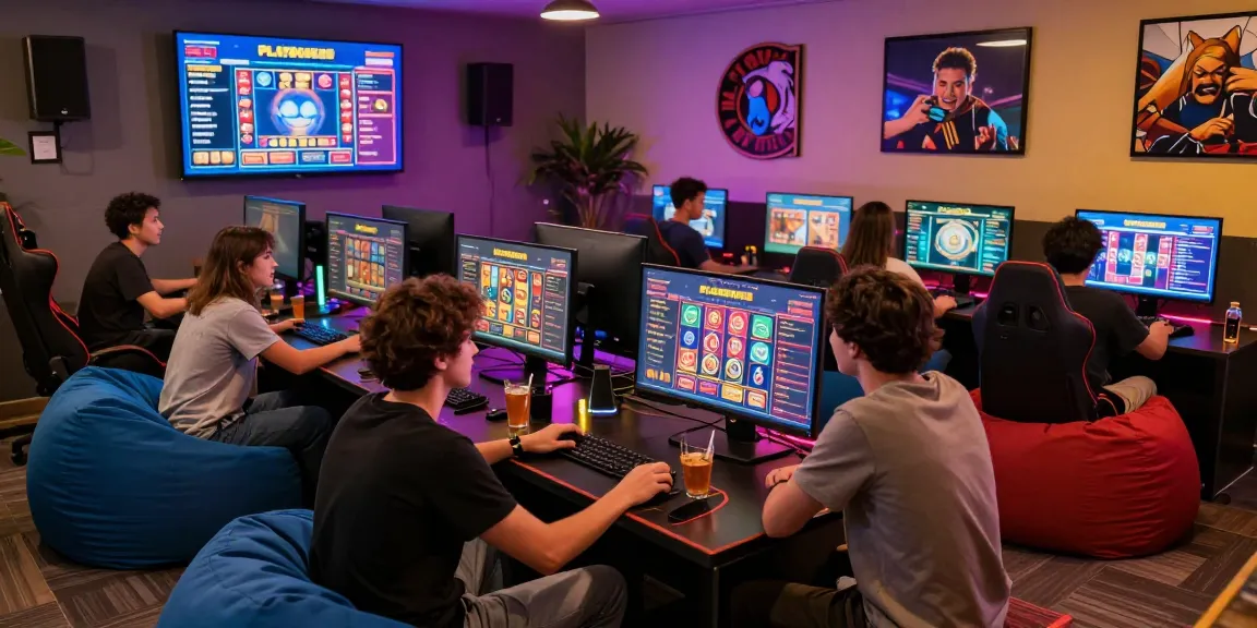 Engaging PLAYBOOK88 link gaming lounge with friends enjoying slot games.