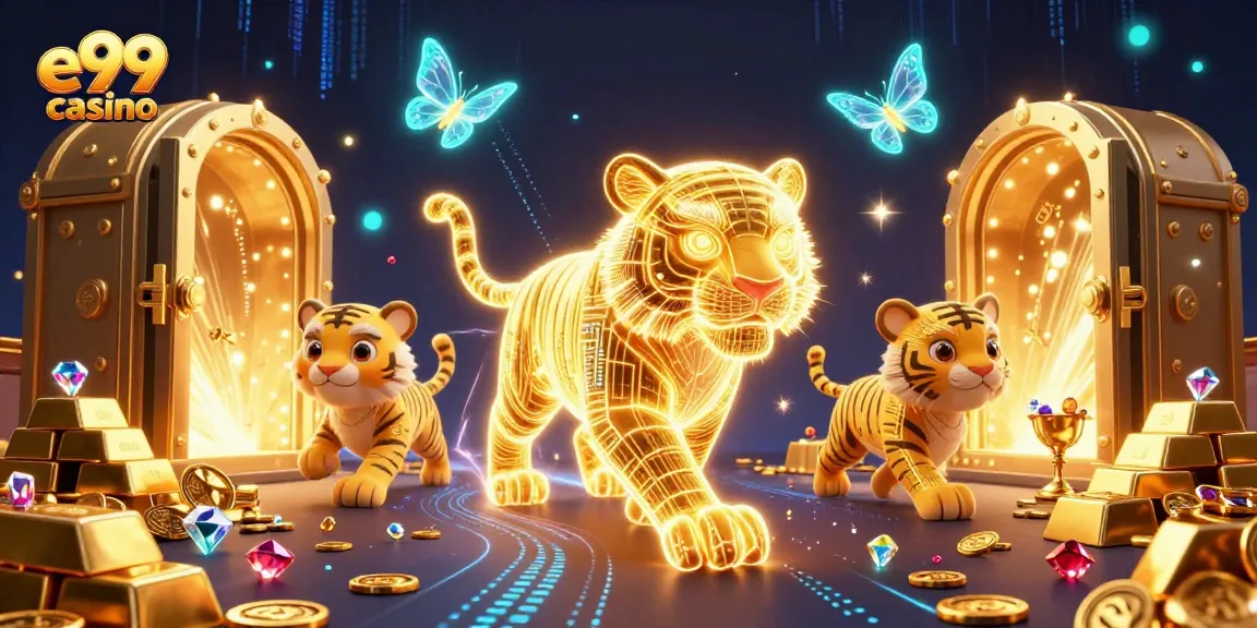 Experience the thrill of e99 casino with a vivid, dynamic casino scene featuring a golden tiger and exciting elements.