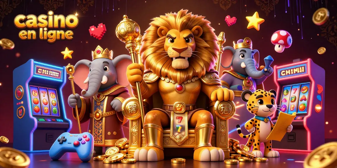 Casino en ligne : lion royal entouré de jeux colorés et de jackpots scintillants.