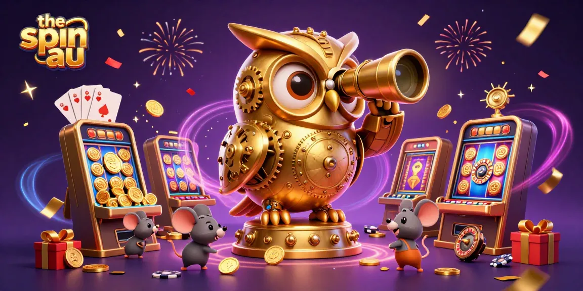 Experience the spin au with a clockwork owl observing dynamic casino action and tiny patrons between slot machines.