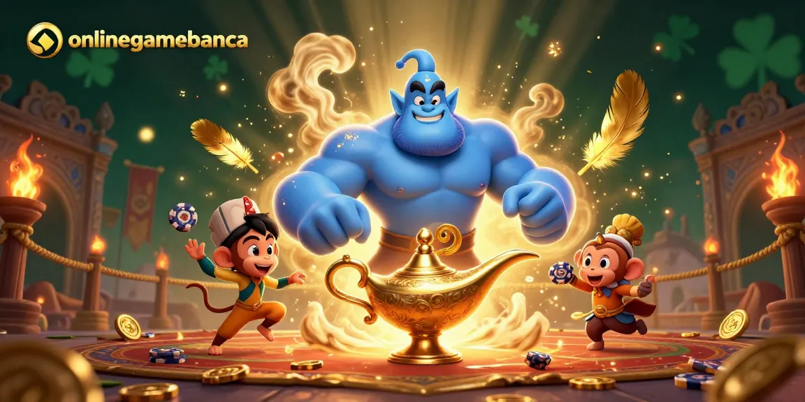 Onlinegamebanca reveals thrilling scenes of a genie with poker chips and a magical atmosphere.