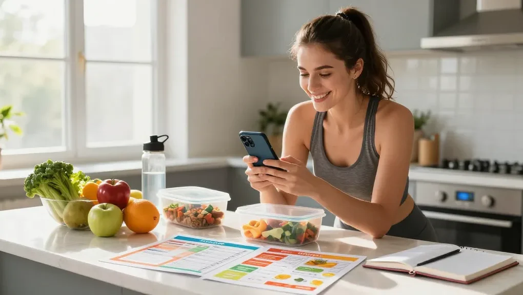 Discover the best macro tracker as a woman logs her meals in a bright kitchen.
