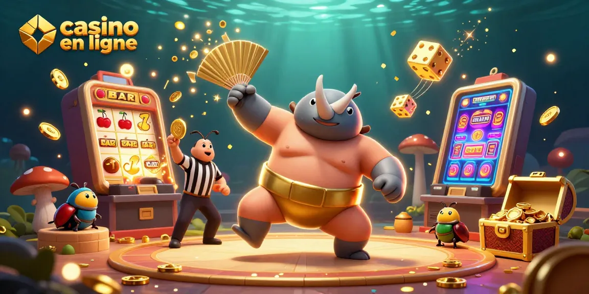 Illustrez un instant de jeu au casino en ligne avec un champion rhinocéros et des pièces d'or volantes.