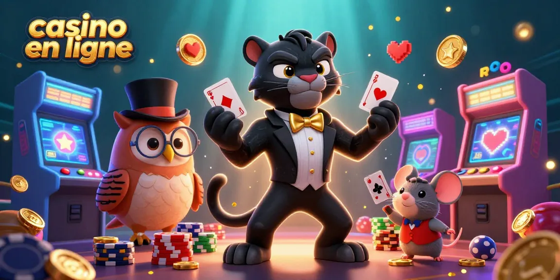 Jouer au casino en ligne avec une illustration riche et colorée mettant en scène un panthère, un hibou et une souris chanceuse.