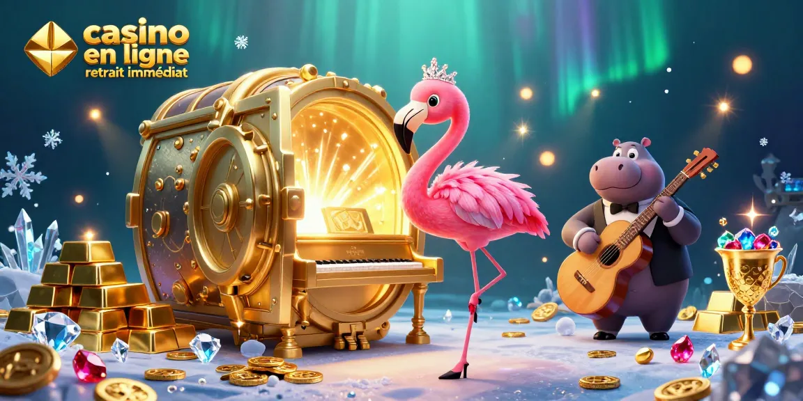 Récupérez vos gains sur un casino en ligne retrait immédiat avec des personnages colorés et des éléments dorés scintillants.
