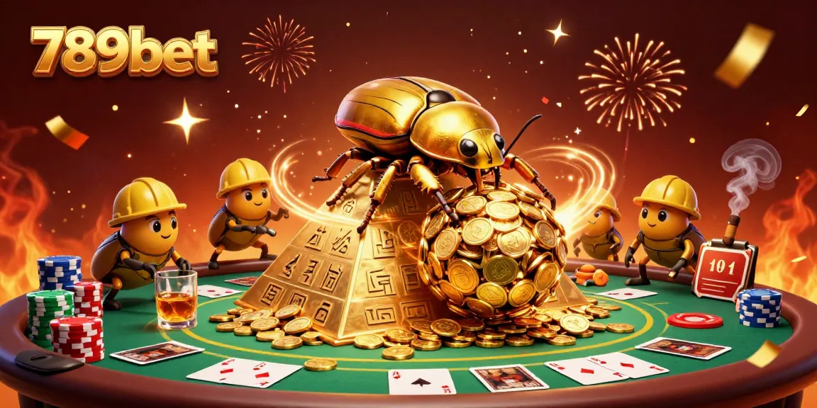 Experience the excitement of 789bet with a cartoon scene of golden beetles amidst casino elements.