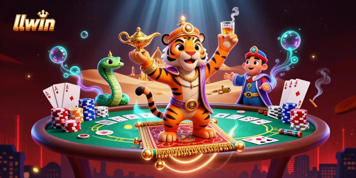 Engage with llwin's thrill in a lavish 3D casino setting, featuring vibrant characters and poker elements.