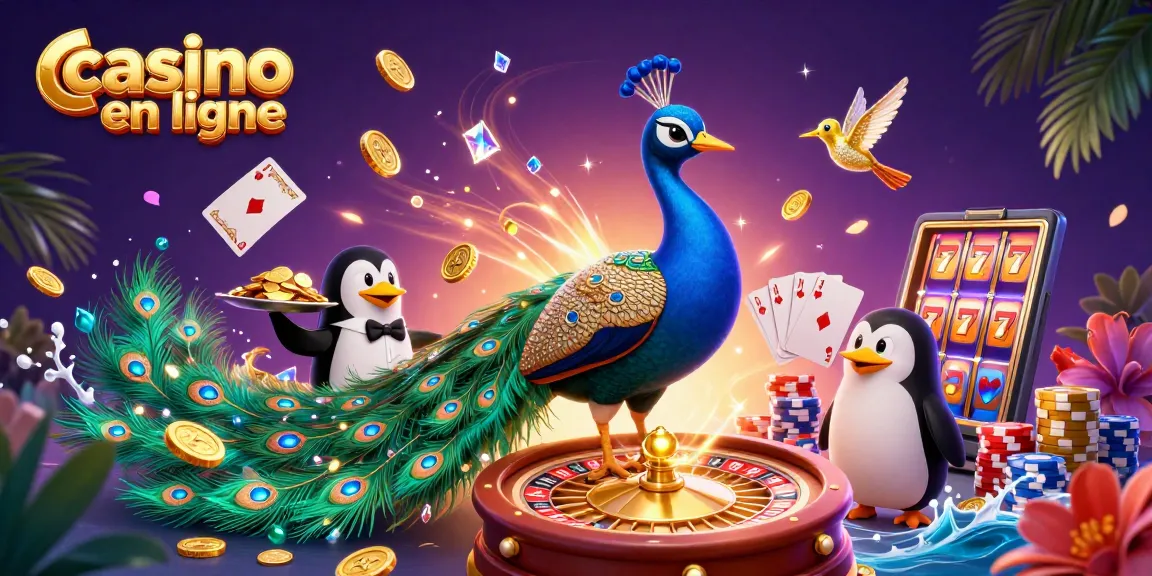 Profitez des jeux de casino en ligne avec un paon majestueux et des jetons dorés.