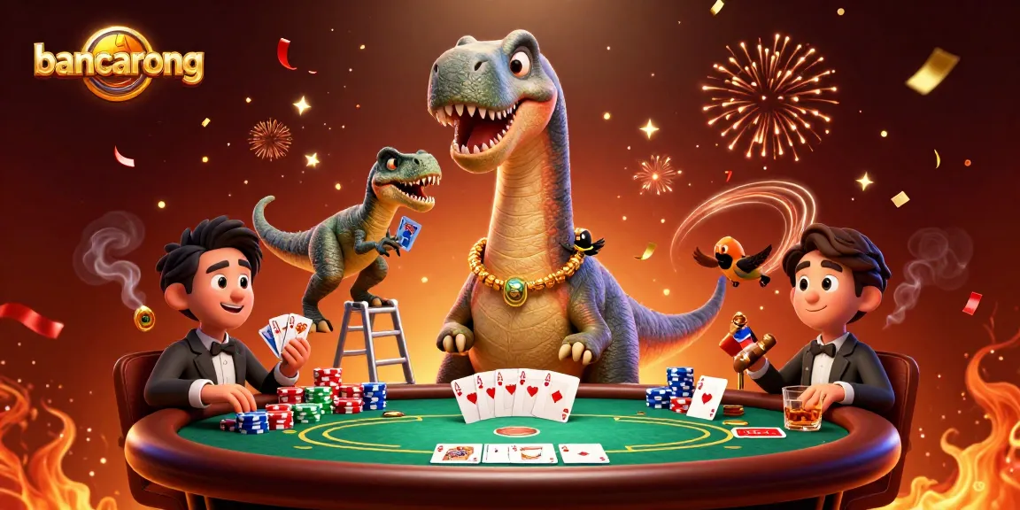 Experience fun at bancarong with a giant dinosaur and a clever raptor dealing cards.