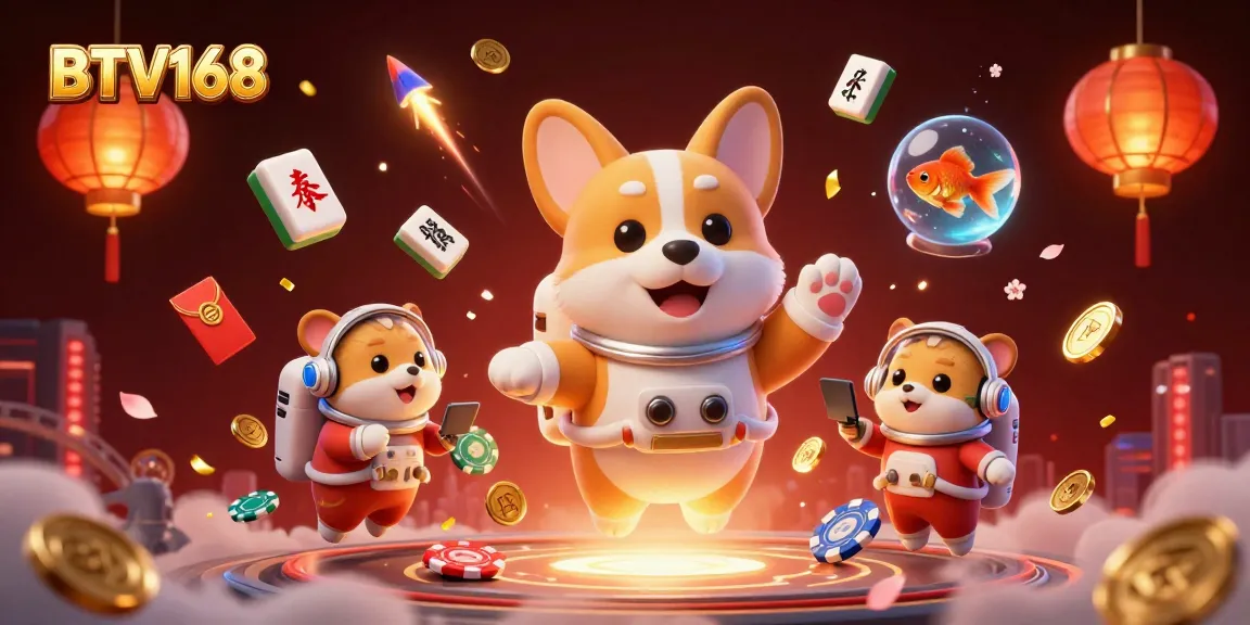 BTV168 showcases an astronaut corgi in a vibrant casino scene, perfect for bold gambling promotions.