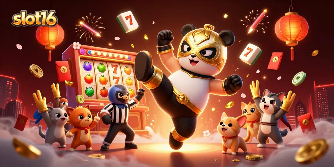 Engage with slot16's vibrant 3D casino scene featuring a wrestler panda and loyal chihuahua referee.