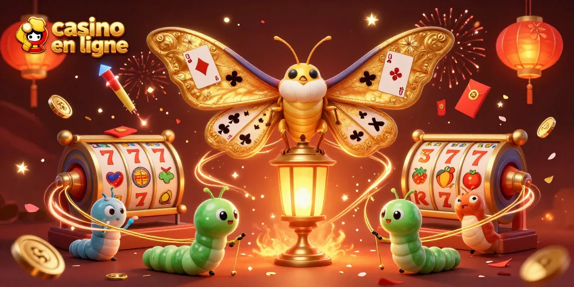 Vivez l'excitation du casino en ligne avec un papillon majestueux et des éléments de jeu captivants.