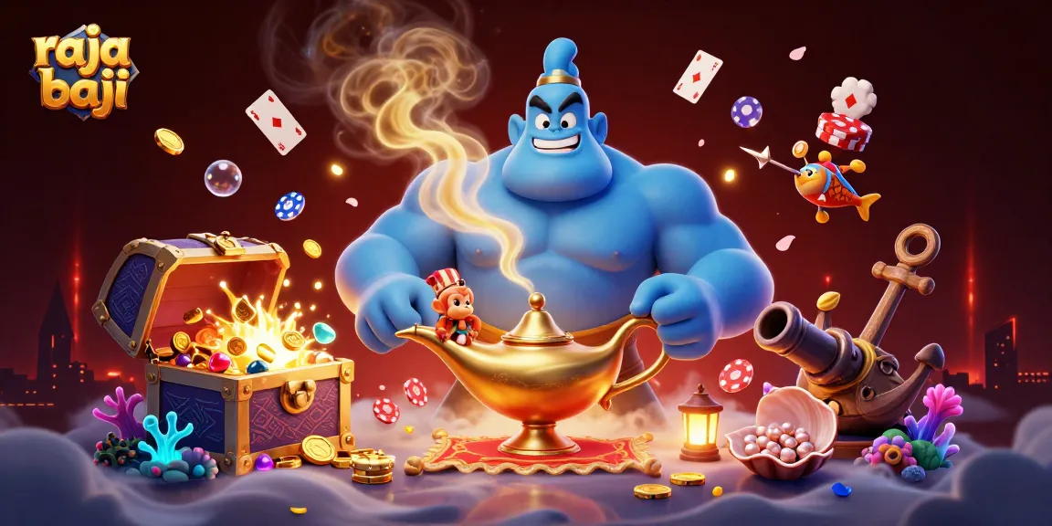Experience excitement with raja baji as the genie bursts forth, surrounded by floating playing cards.