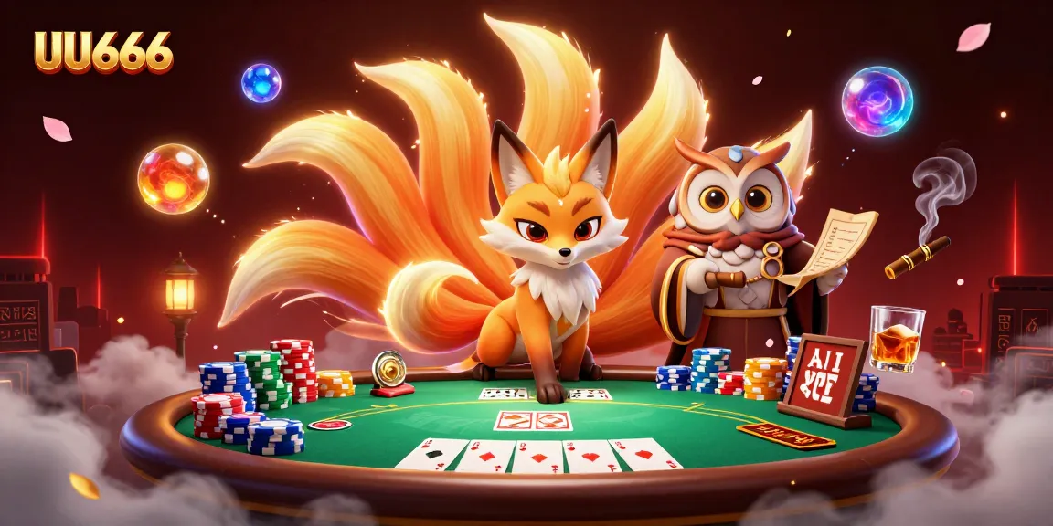 Experience the mystical thrill of UU666, where a vibrant nine-tailed fox and wise sage animate the poker table.