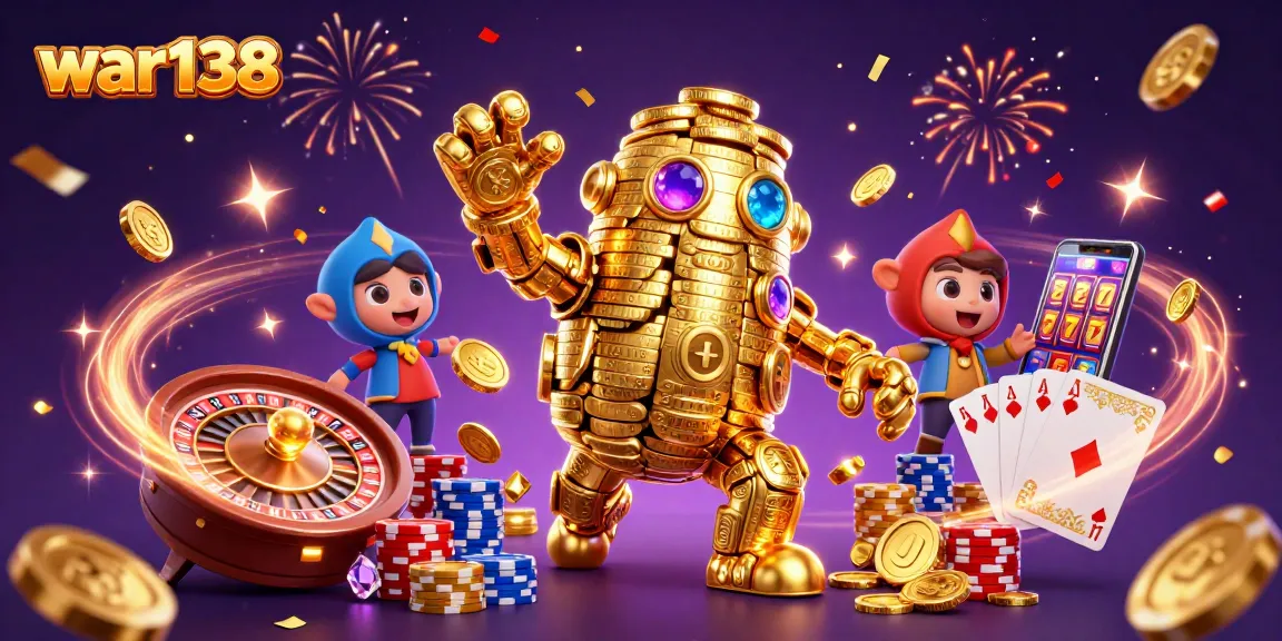 Experience thrilling wins at war138 with a golden golem surrounded by cascading coins and vibrant gaming elements.