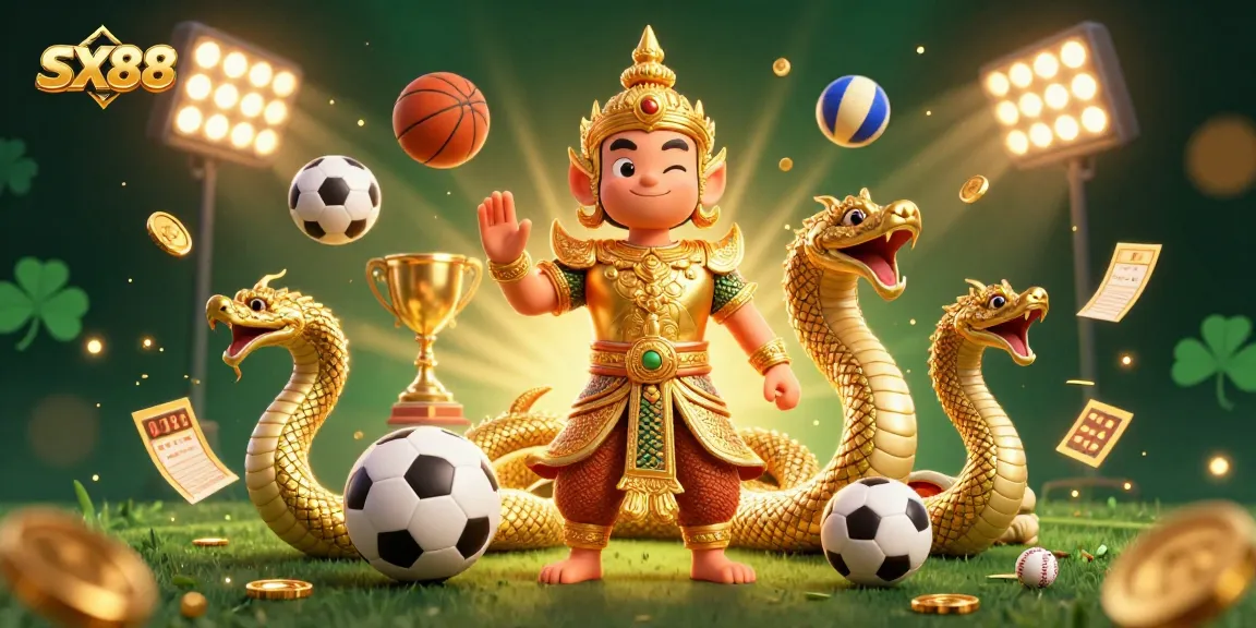 SX88 showcases a vibrant gambling scene with a temple guardian, sports elements, and golden effects.