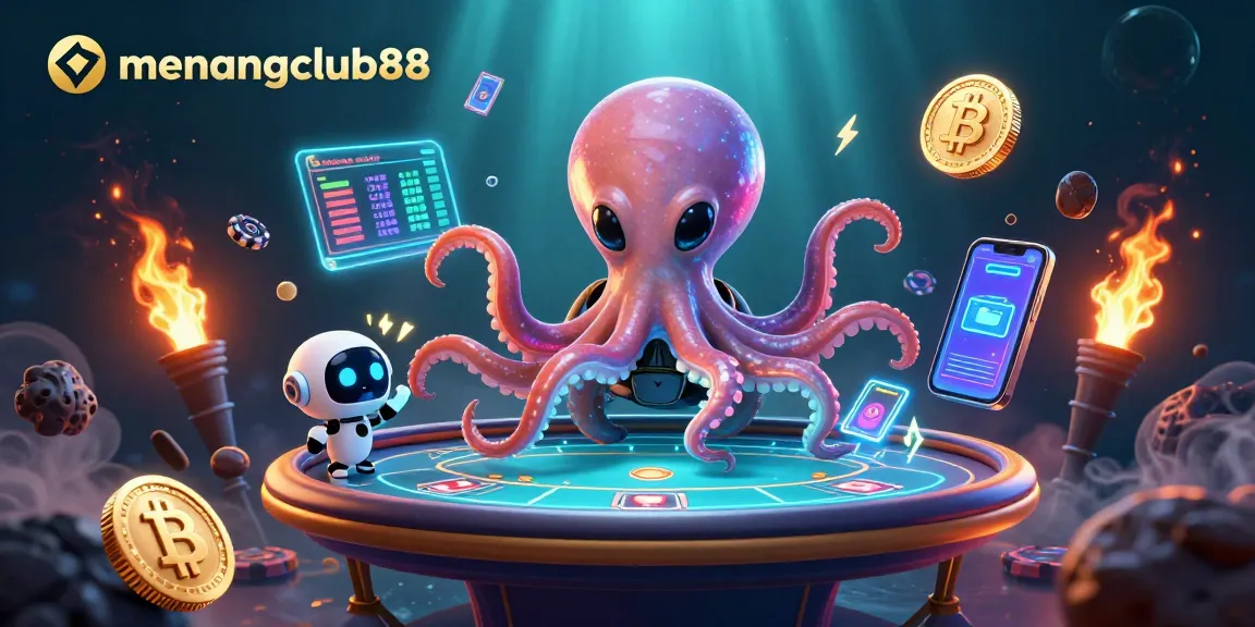 Experience the dynamic universe of menangclub88 where alien octopus interacts with holographic poker.