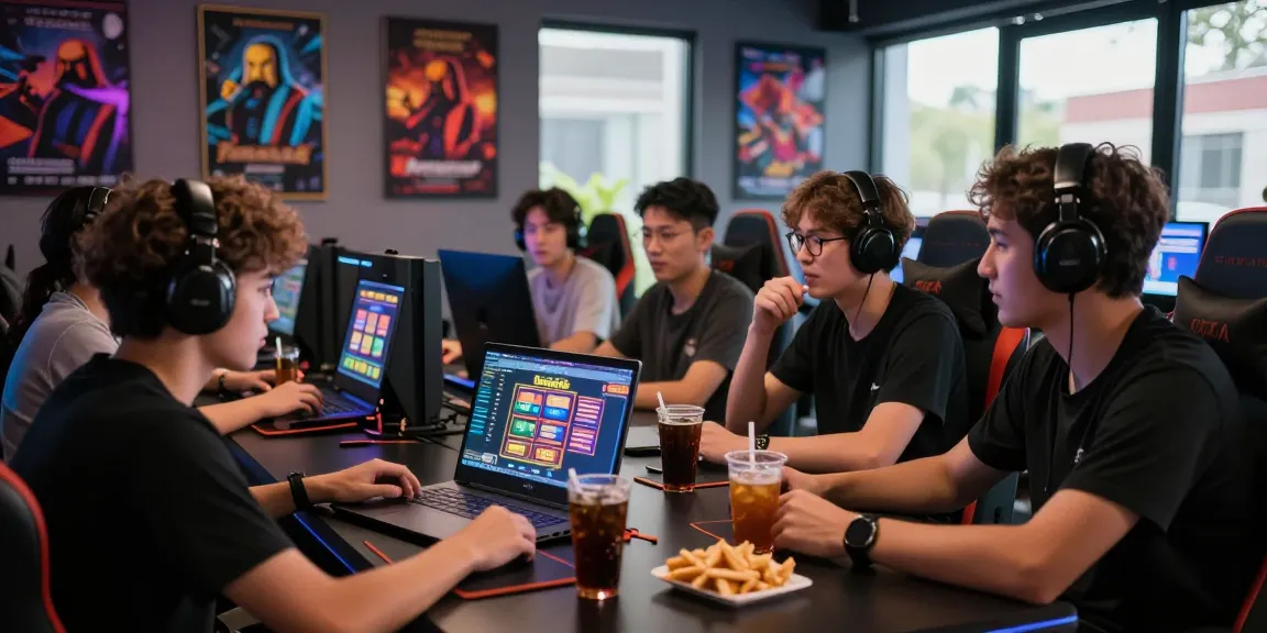 tempototo online gaming enthusiasts strategizing and enjoying slots in a modern gaming lounge