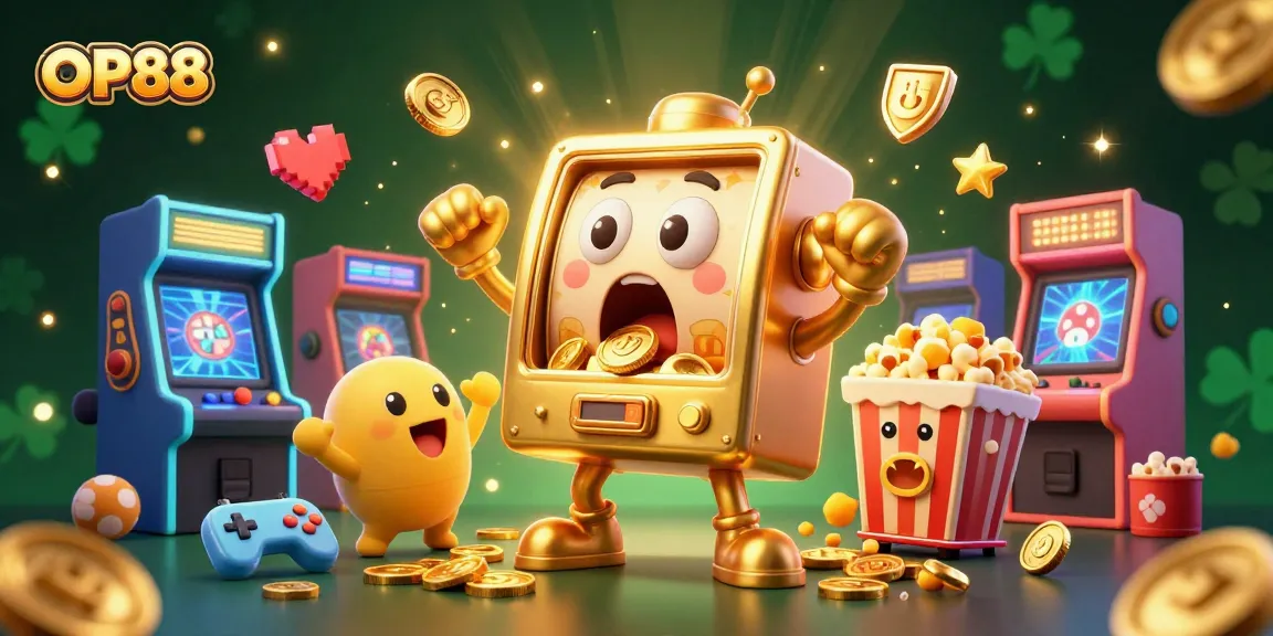 OP88 slot machine celebrating a jackpot, adorned with cheerful machines and arcade elements.